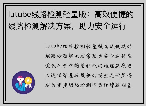 lutube线路检测轻量版：高效便捷的线路检测解决方案，助力安全运行